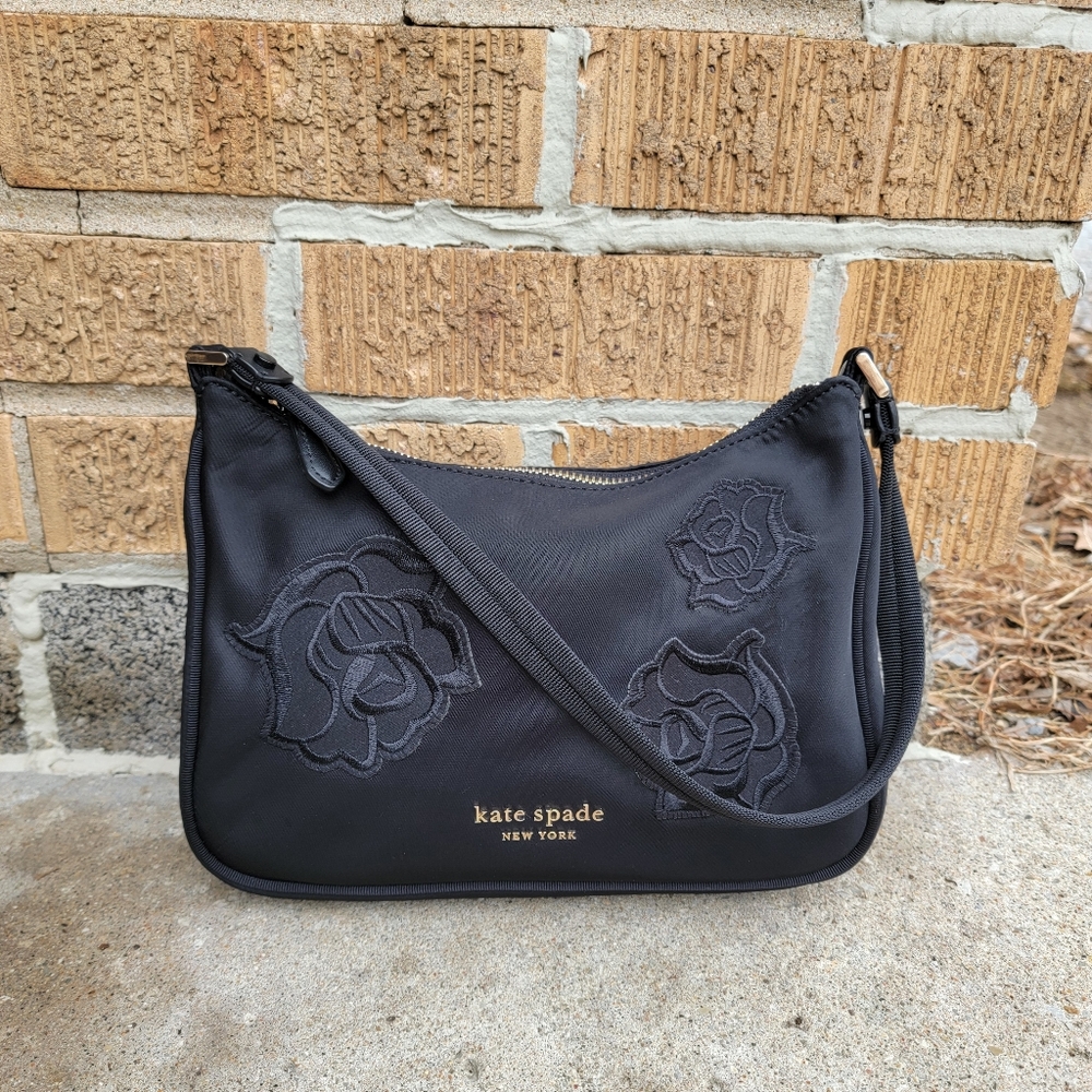 Kate Spade Little Better Sam Floral Embroidered Black Nylon Small Handbag